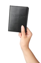 Photo of Woman holding passport in black leather case on white background, closeup
