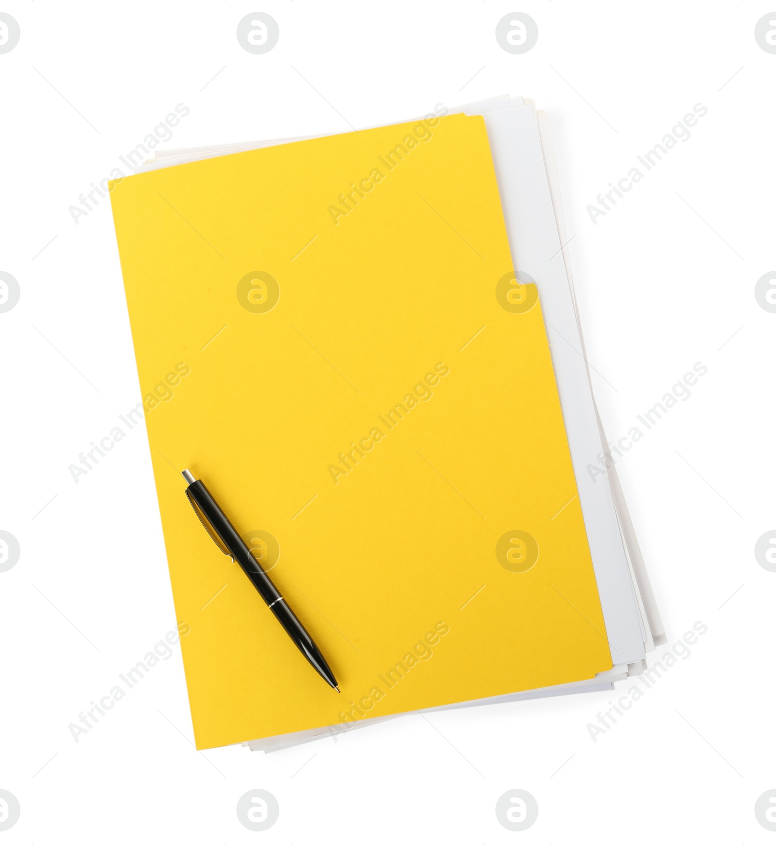 Photo of Yellow file with documents and black pen isolated on white, top view