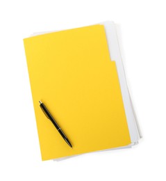 Photo of Yellow file with documents and black pen isolated on white, top view