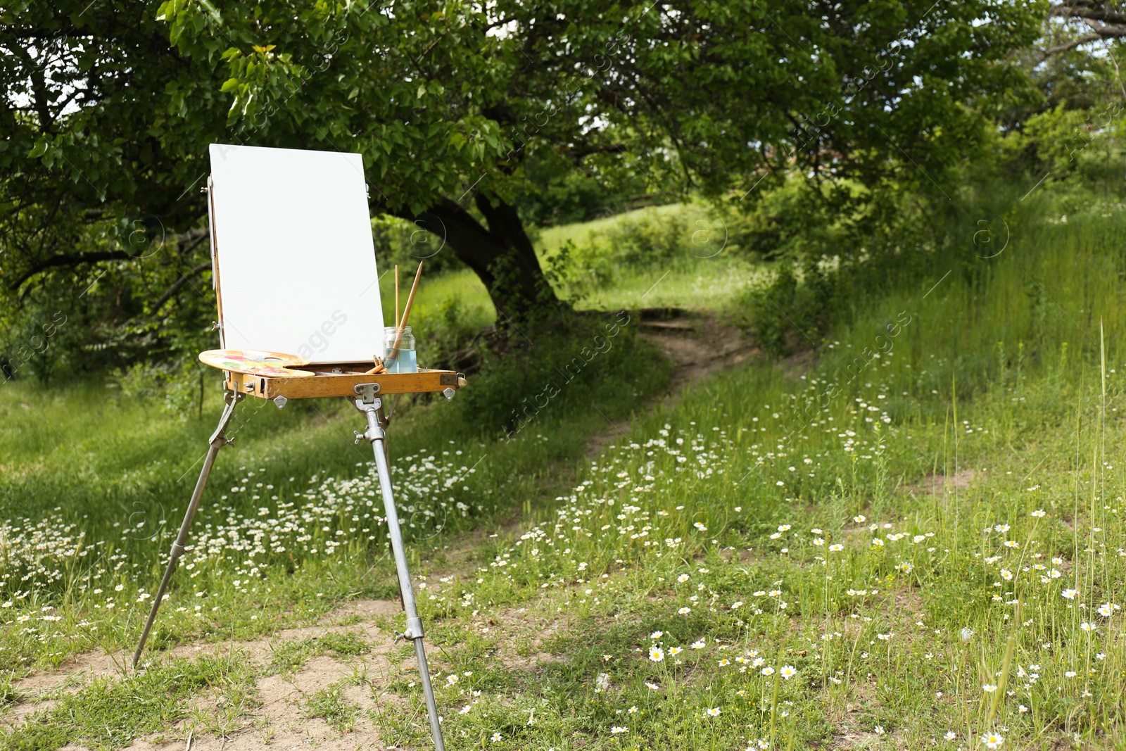 Photo of Easel with blank canvas and painting equipment in picturesque countryside