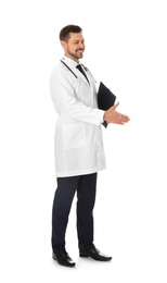 Full length portrait of male doctor with clipboard isolated on white. Medical staff