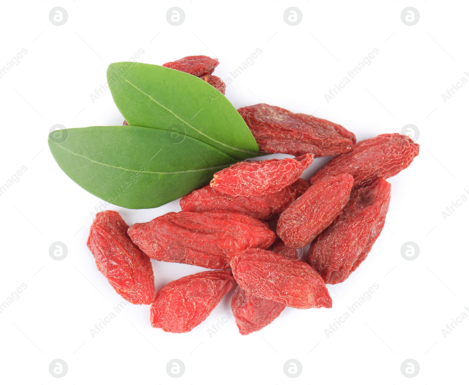 Photo of Pile of dried goji berries and leaves on white background