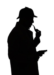 Photo of Silhouetteold fashioned detective with smoking pipe and revolver on white background