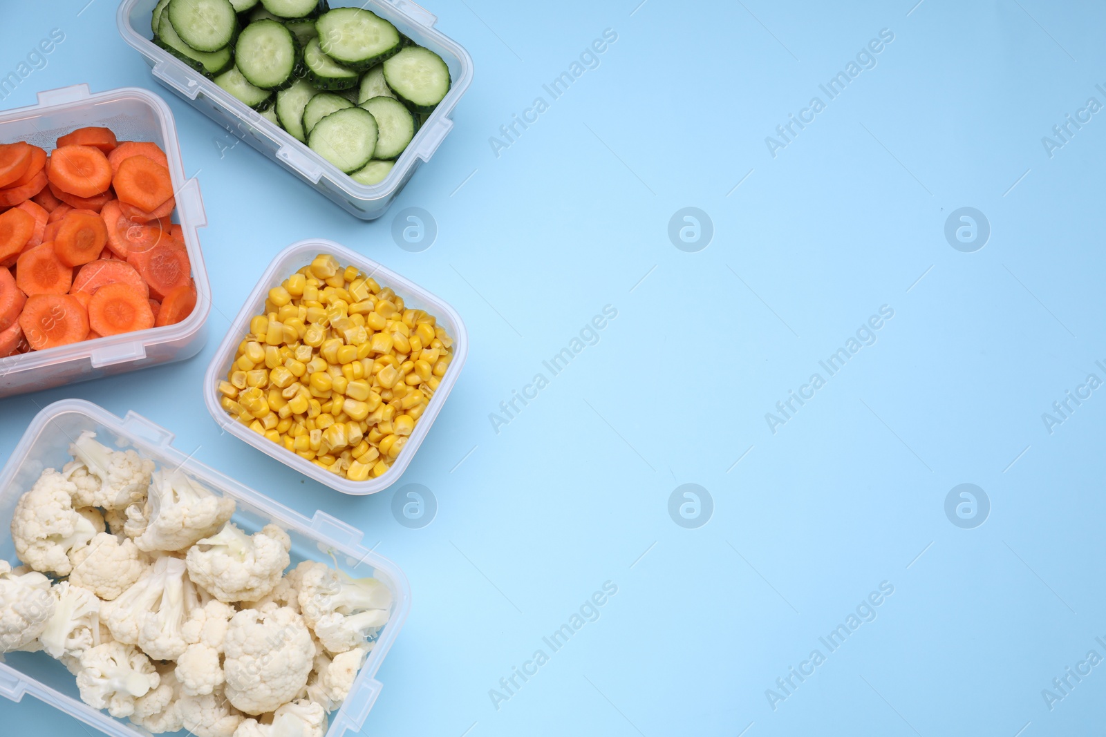 Photo of Plastic containers with different fresh products on light blue background, flat lay. Space for text