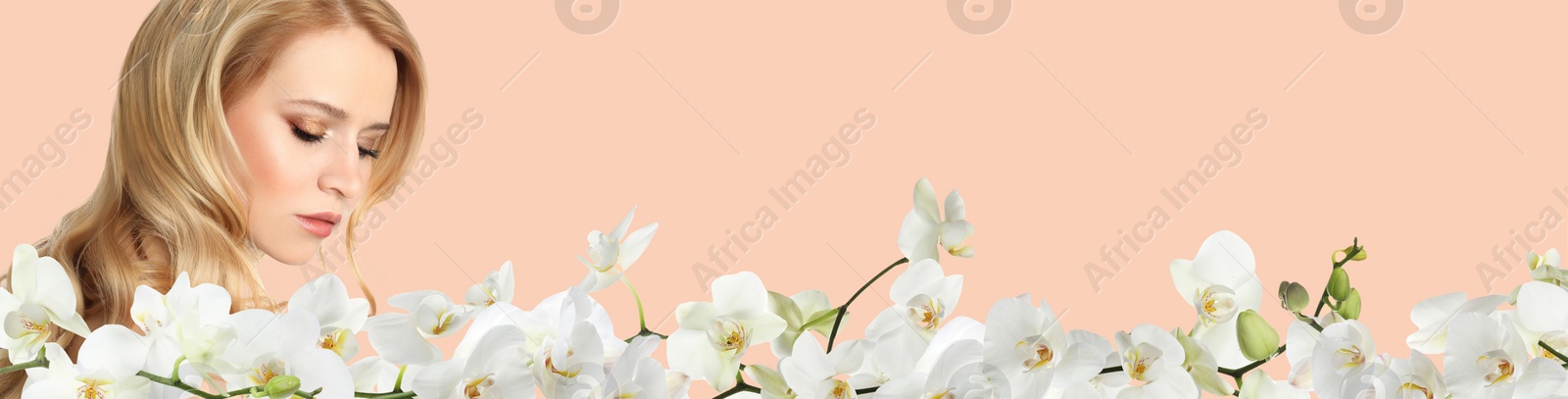 Image of Beautiful young woman and orchid flowers on light background, banner design. Spa portrait