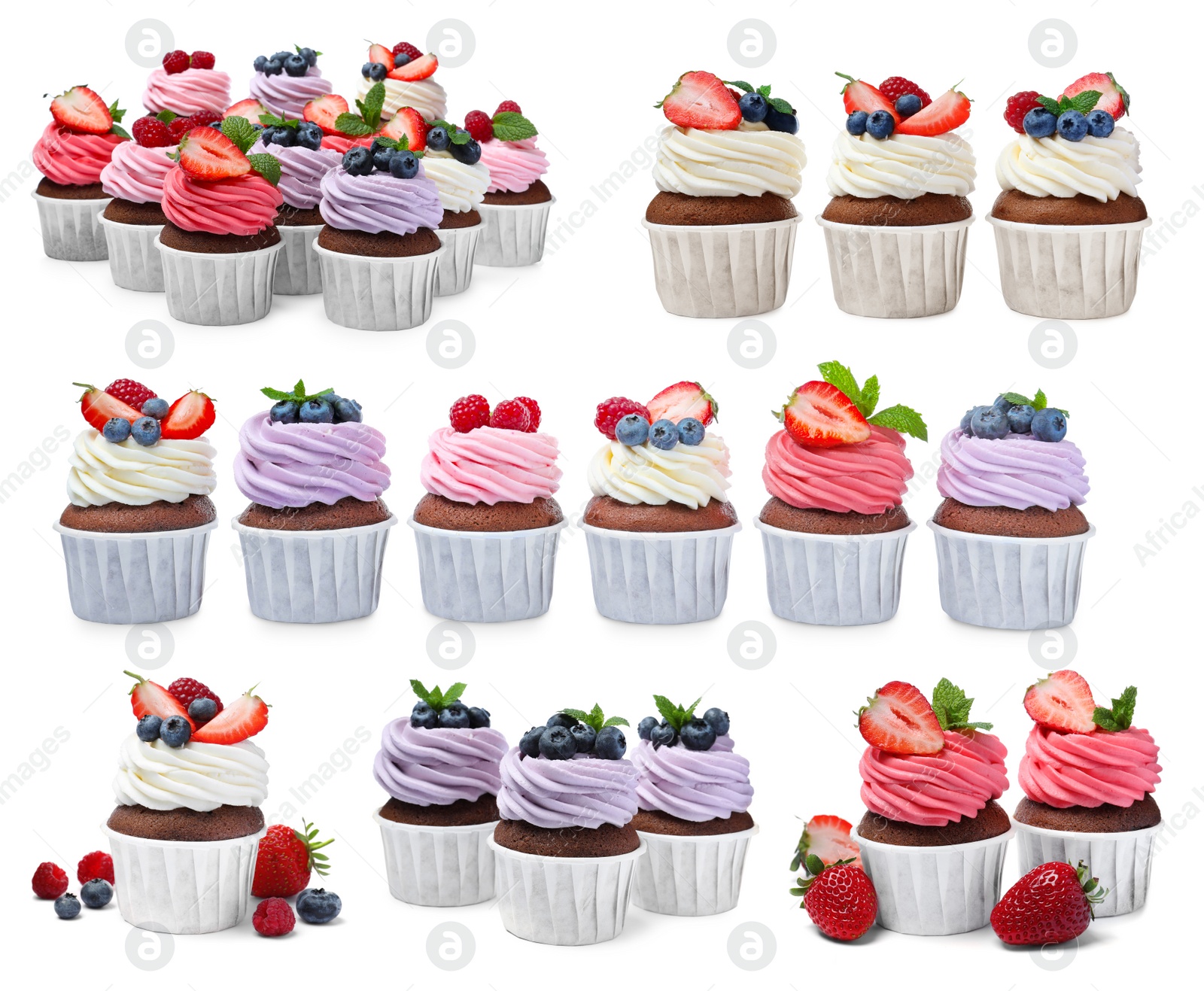 Image of Set with delicious cupcakes on white background