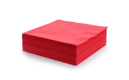 Stack of clean paper napkins on white background