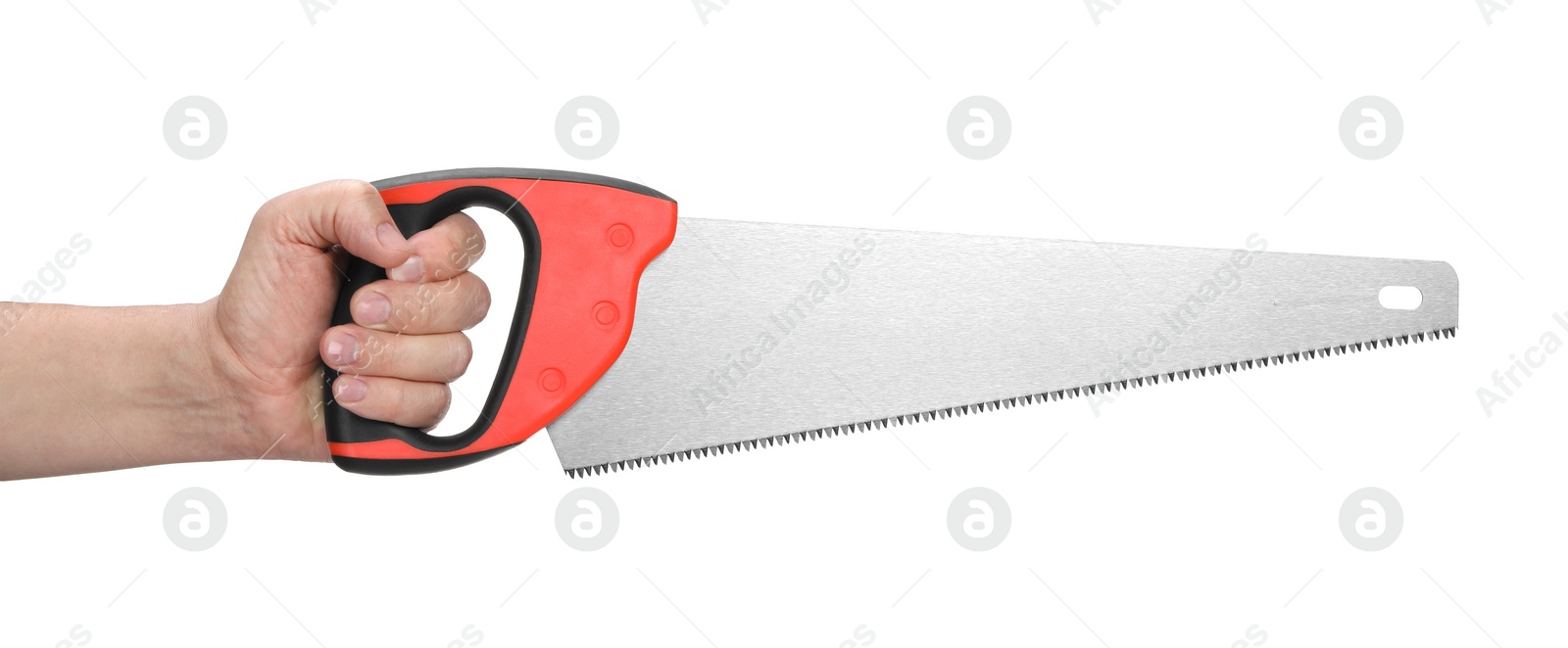 Photo of Man holding saw with colorful handle isolated on white, closeup