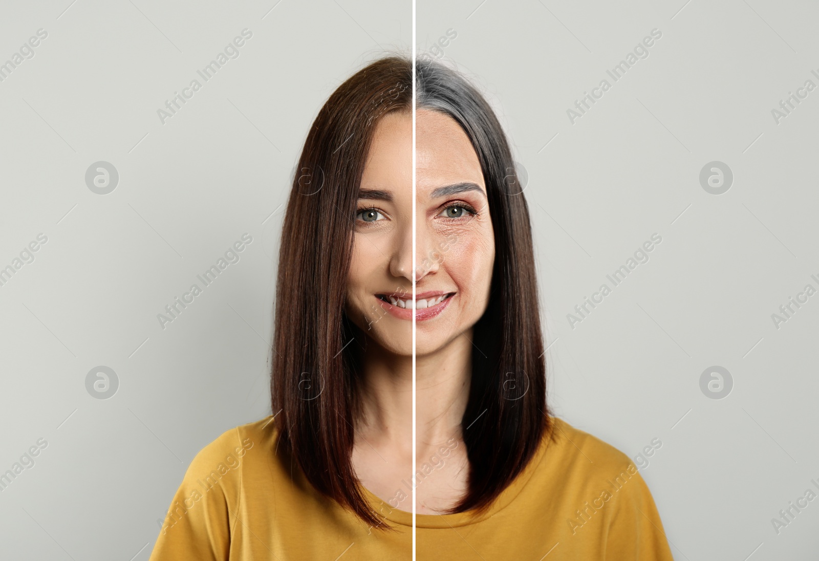 Image of Changes in appearance during aging. Portrait of woman divided in half to show her in younger and older ages. Collage design on light grey background