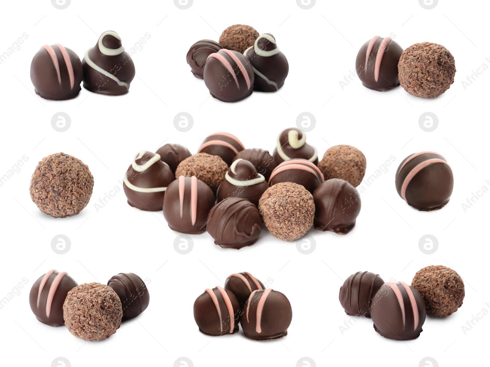 Image of Set with delicious sweet chocolate truffles on white background 