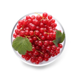 Photo of Delicious ripe red currants in bowl isolated on white, top view