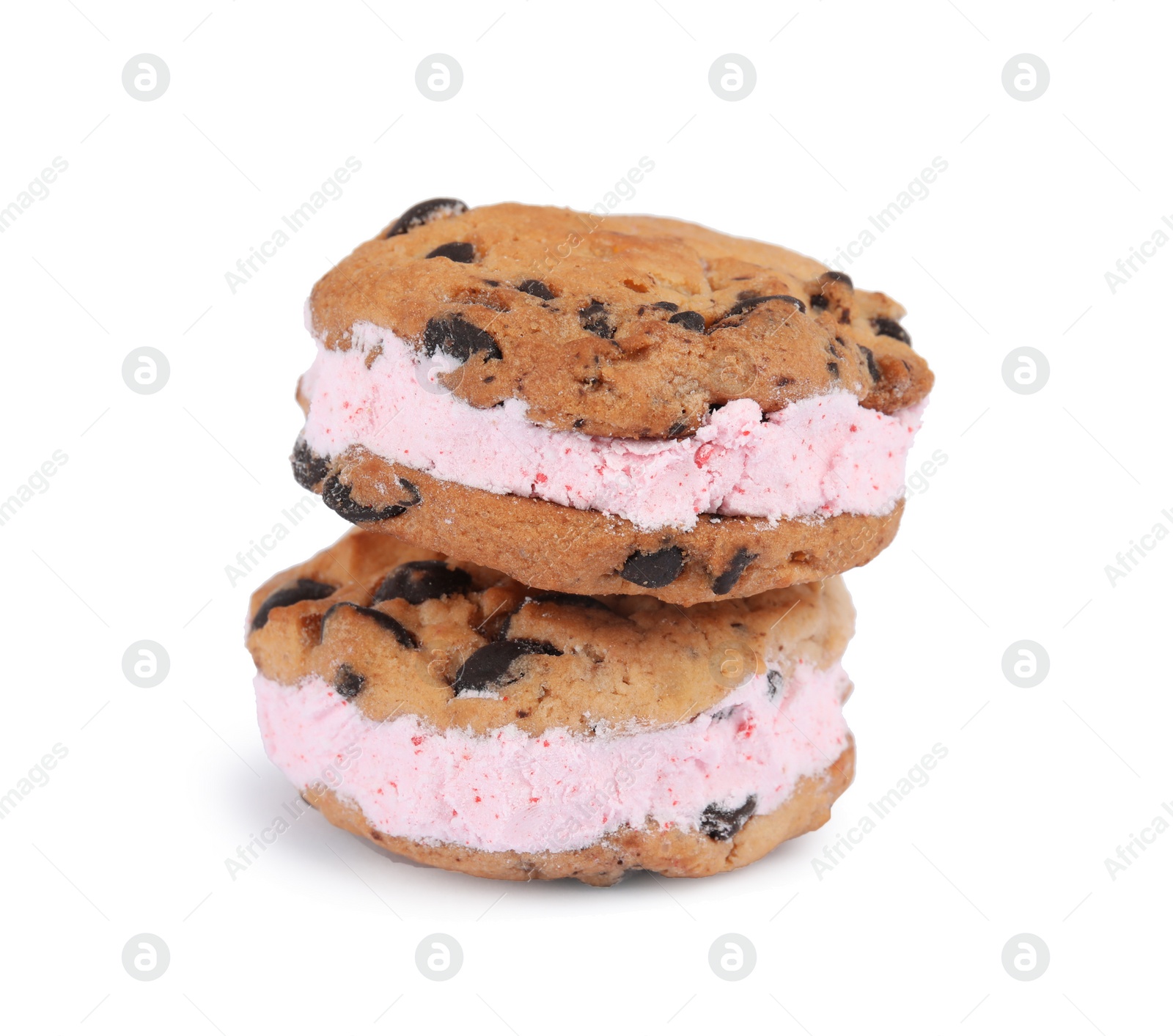 Photo of Sweet delicious ice cream cookie sandwiches on white background