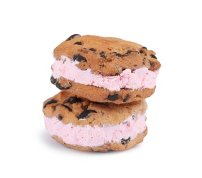 Photo of Sweet delicious ice cream cookie sandwiches on white background