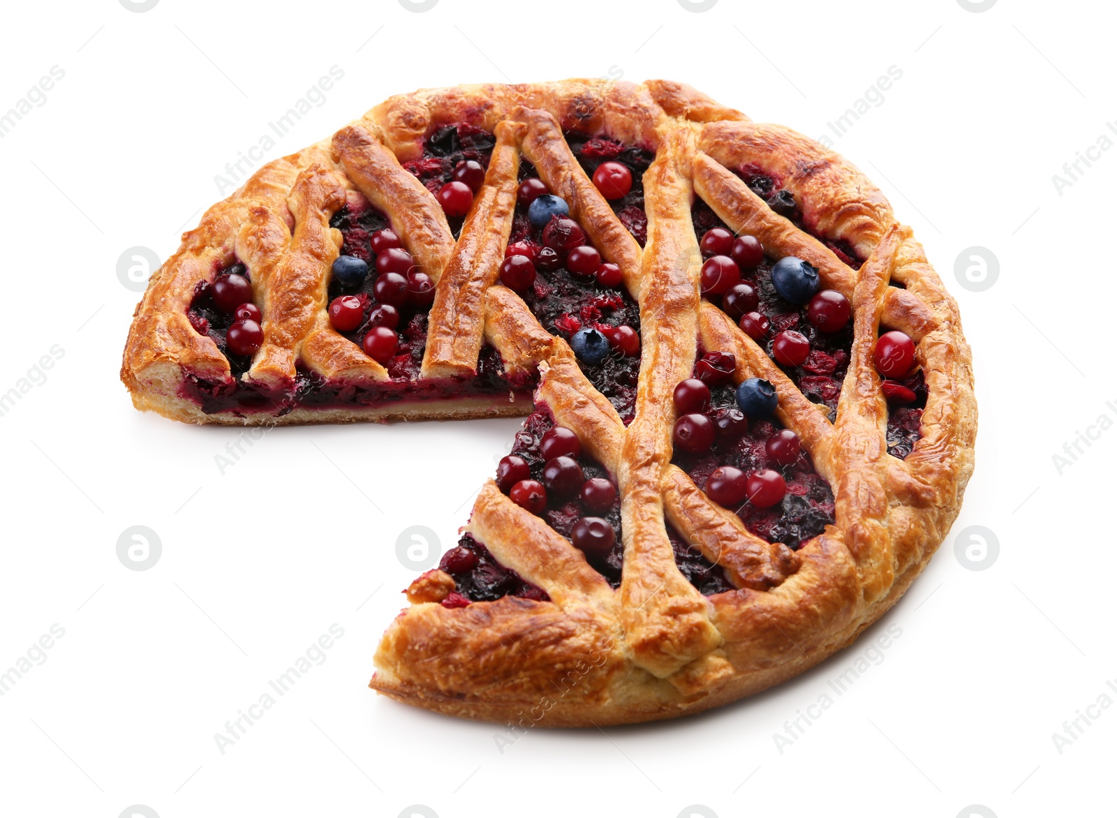 Photo of Delicious cut currant pie and fresh berries isolated on white