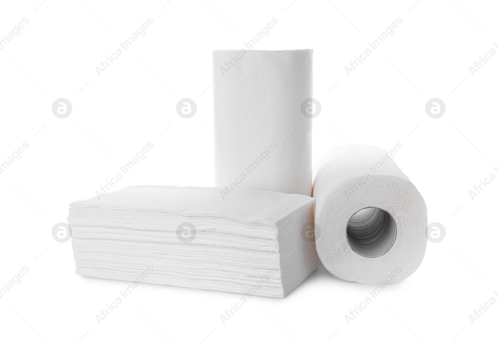 Photo of Rolls and stack of paper towels isolated on white