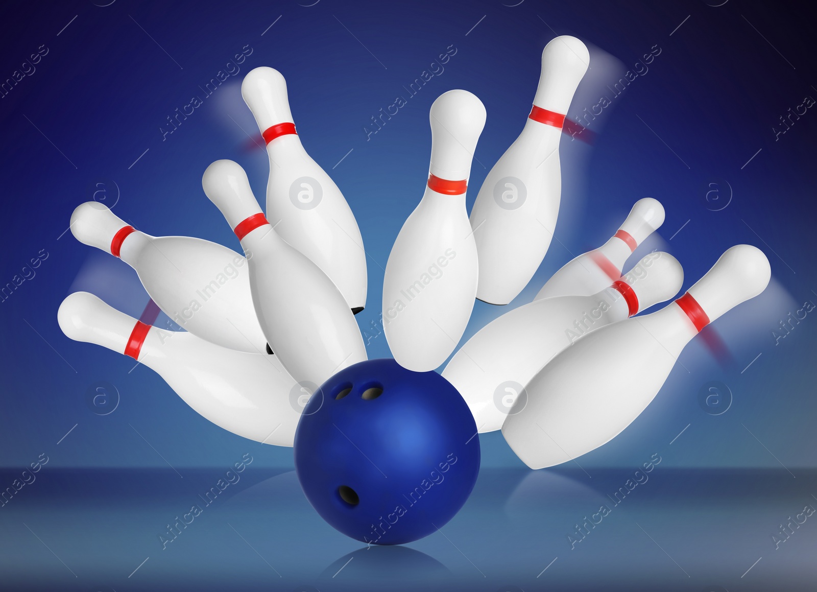 Image of Bowling pins and ball on blue background