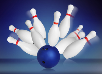 Image of Bowling pins and ball on blue background