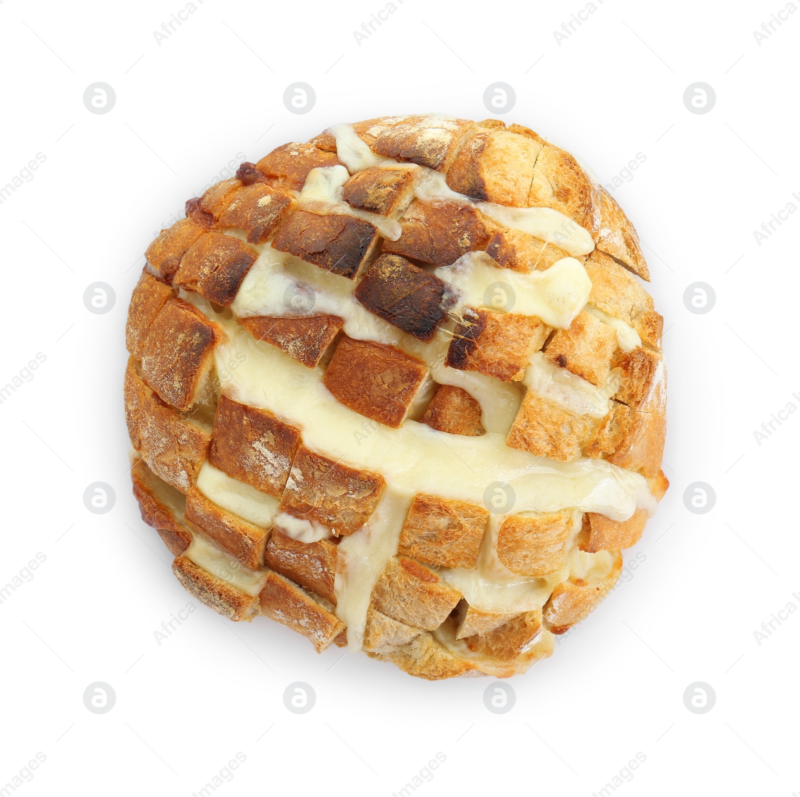 Photo of Delicious bread with tofu cheese isolated on white, top view