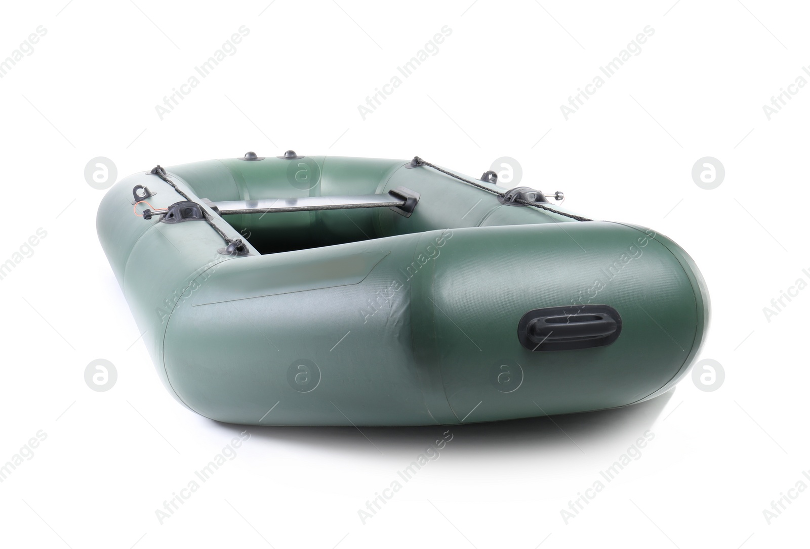 Photo of Inflatable rubber fishing boat on white background