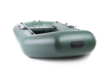 Inflatable rubber fishing boat on white background