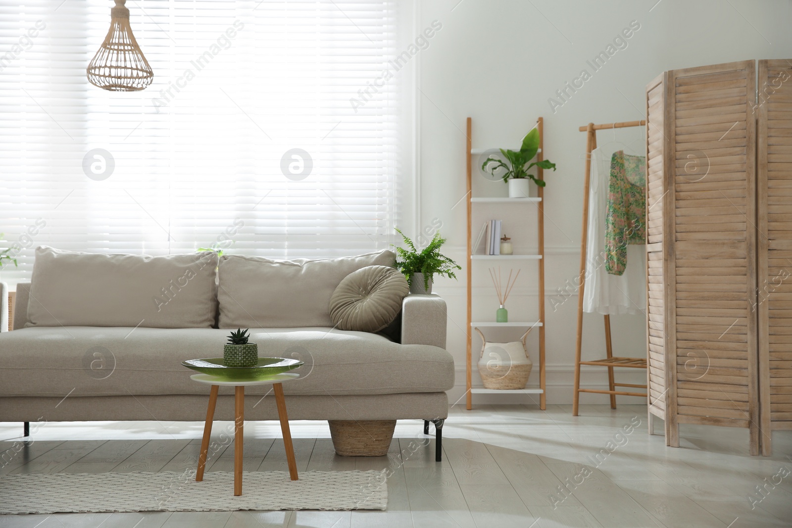 Photo of Stylish living room interior with comfortable grey sofa and plants