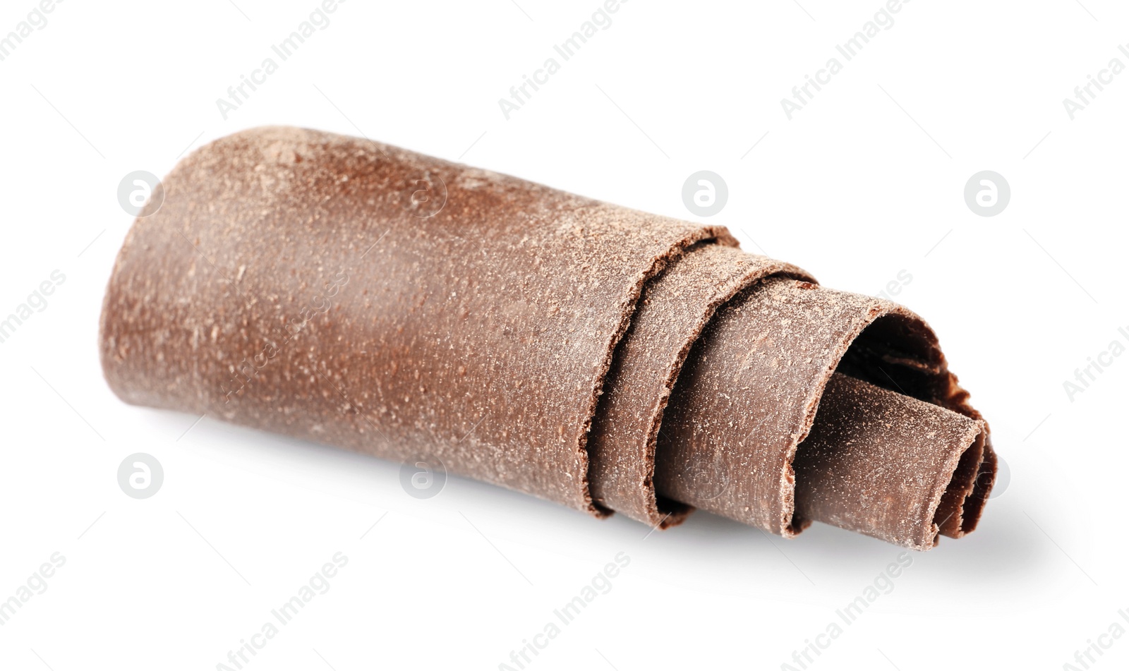 Photo of Curl of tasty chocolate on white background