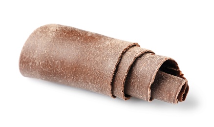 Photo of Curl of tasty chocolate on white background