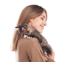 Photo of Young woman with cat on white background. Owner and pet