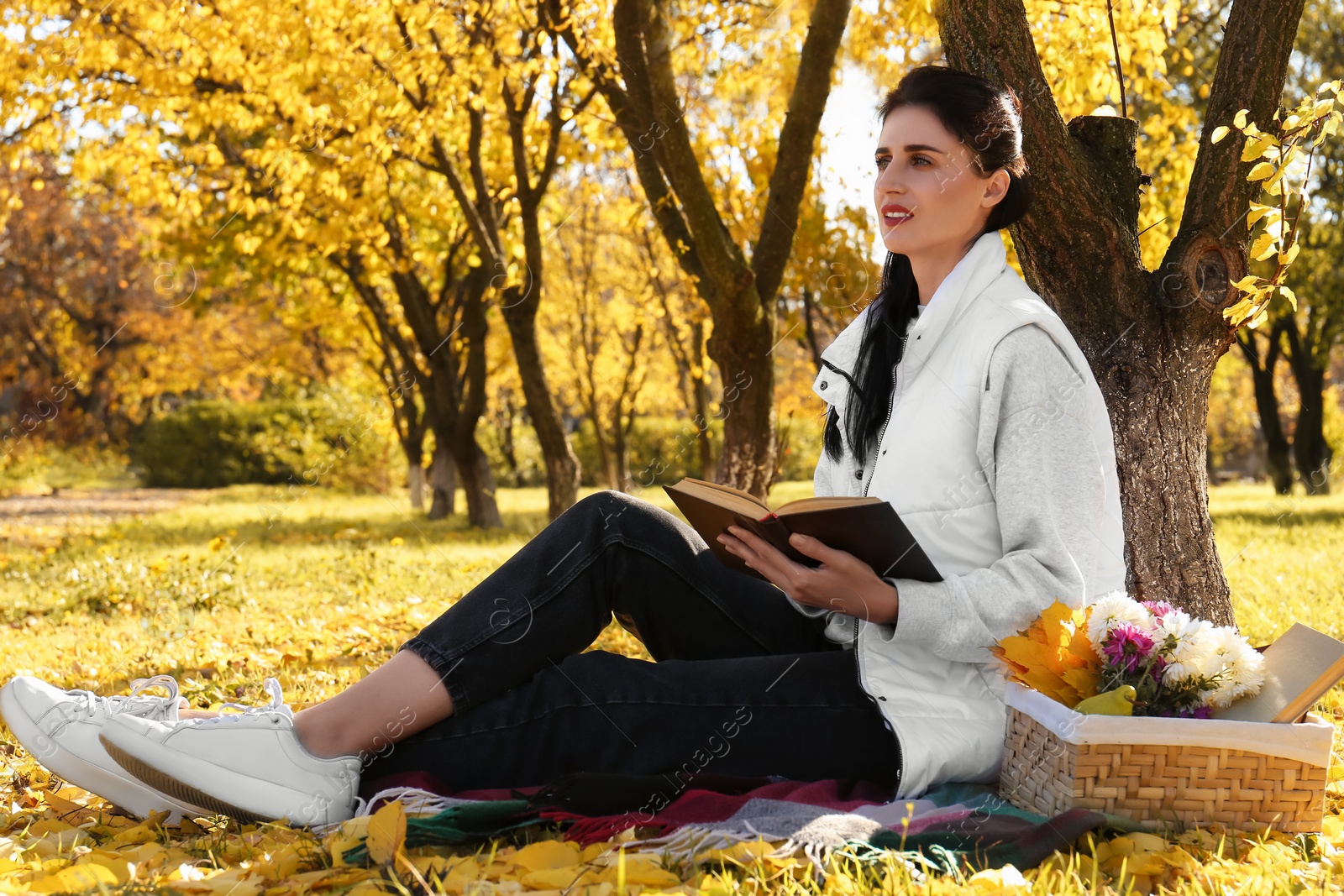 Photo of Woman reading book in park on autumn day