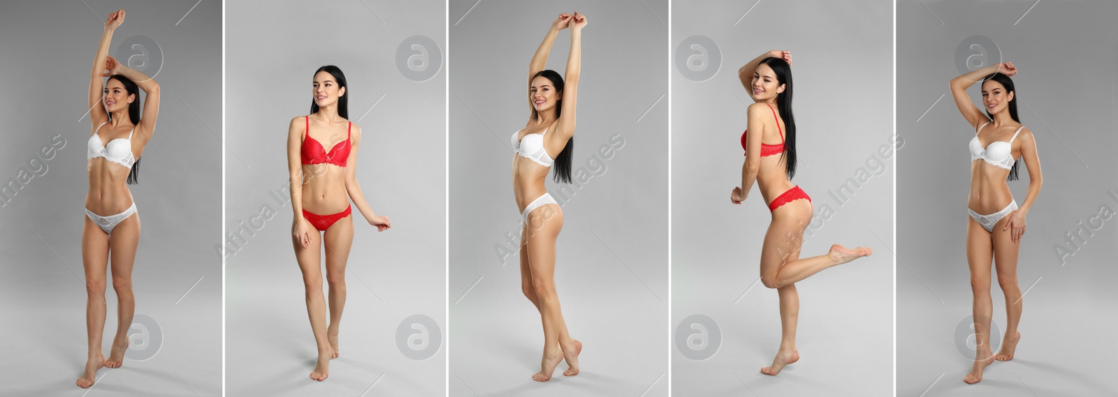 Image of Collage of beautiful young woman in different underwear on grey background