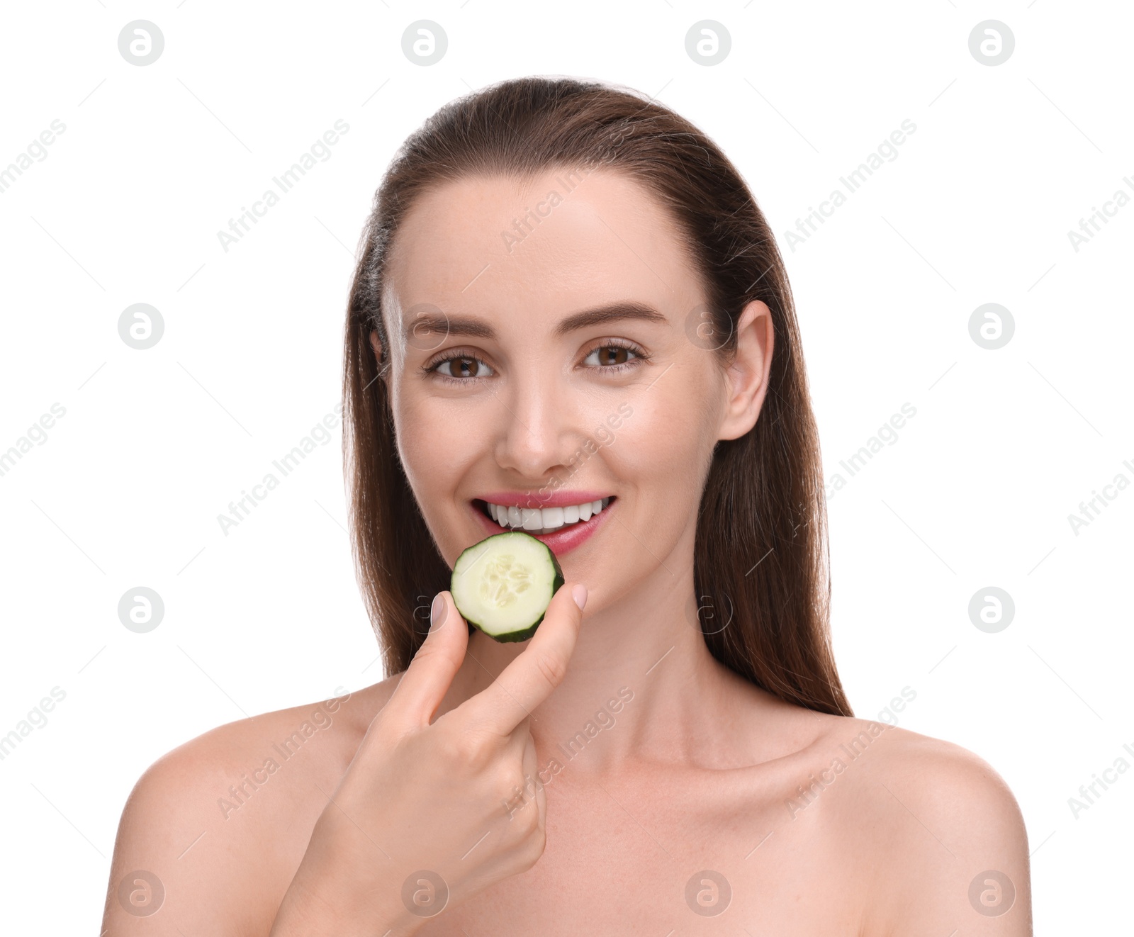 Photo of Beautiful woman with piece of cucumber on white background