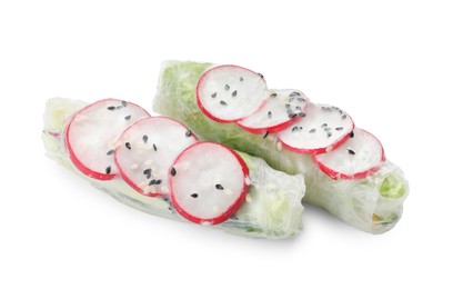 Delicious spring rolls wrapped in rice paper isolated on white