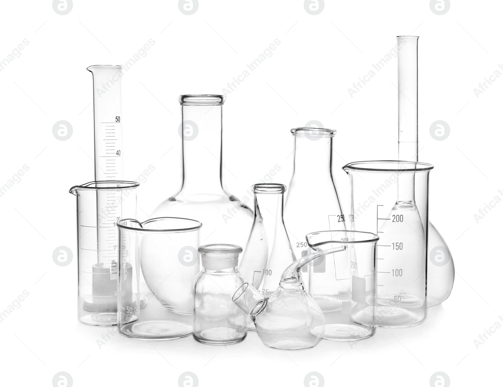 Photo of Empty glassware isolated on white. Laboratory analysis