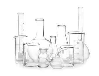 Empty glassware isolated on white. Laboratory analysis