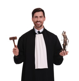 Photo of Smiling judge with gavel and figure of Lady Justice on white background