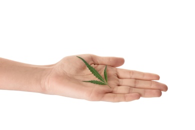 Photo of Woman holding fresh hemp leaf on white background, closeup