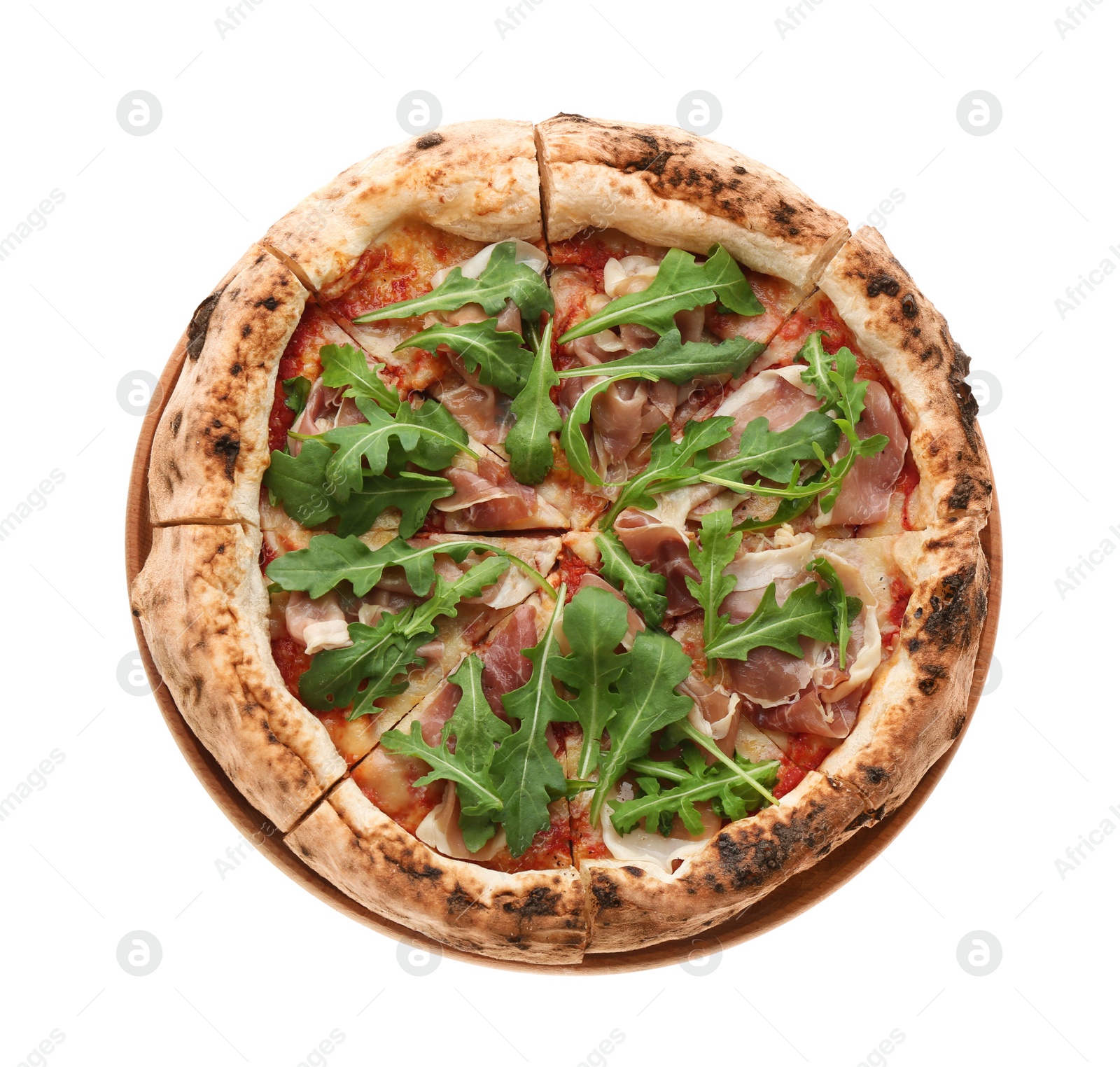 Photo of Tasty pizza with meat and arugula isolated on white, top view