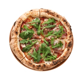 Photo of Tasty pizza with meat and arugula isolated on white, top view