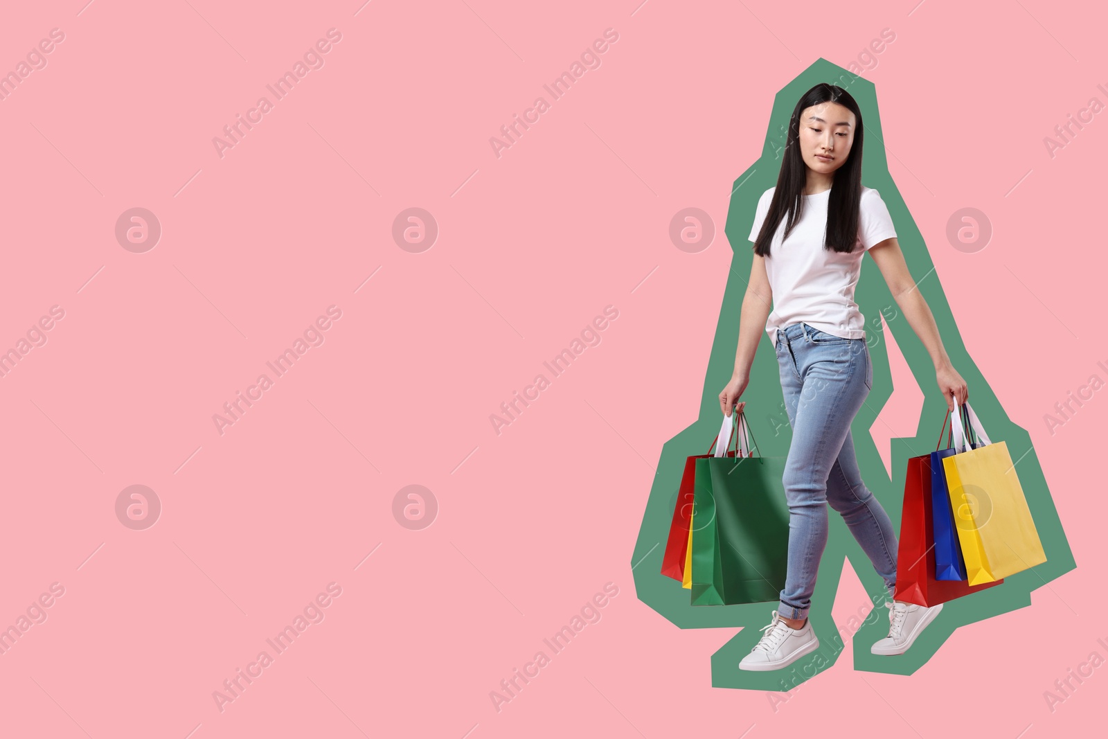 Image of Woman with shopping bags on pink background, space for text