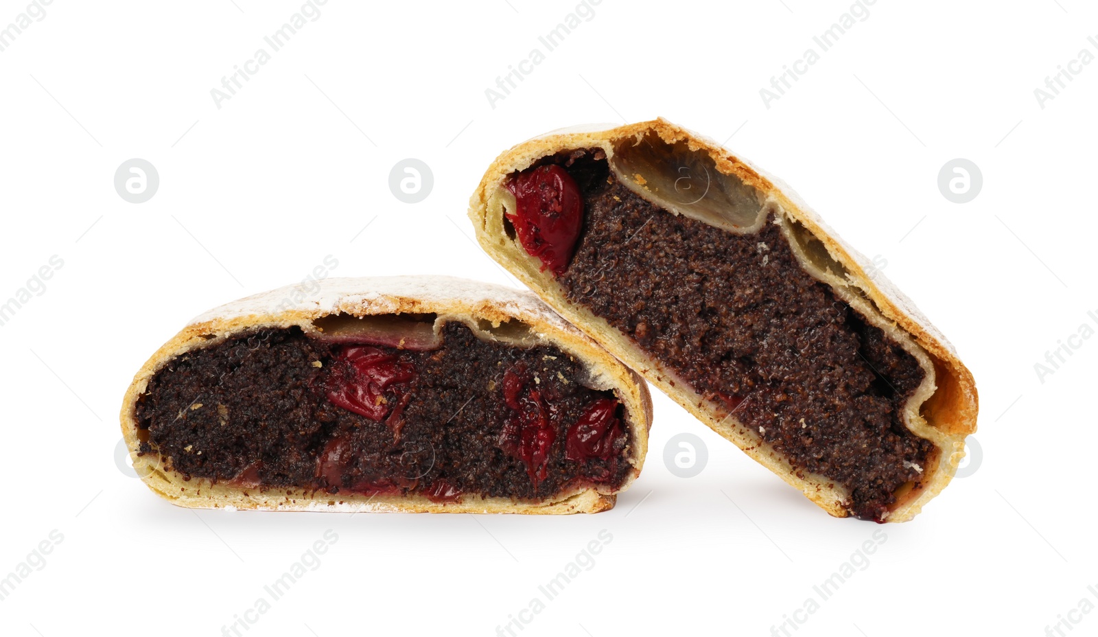 Photo of Delicious cut strudel with cherries and poppy seeds isolated on white