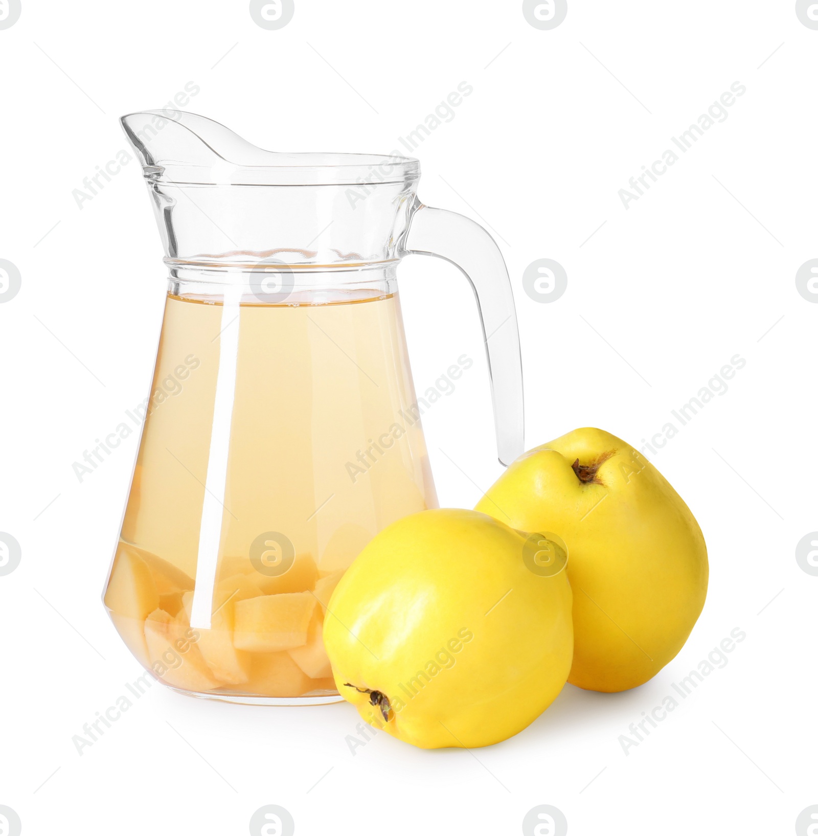 Photo of Delicious quince drink in glass jug and fresh fruits isolated on white