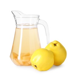 Photo of Delicious quince drink in glass jug and fresh fruits isolated on white