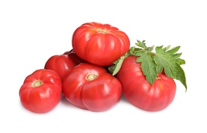 Photo of Fresh ripe red tomatoes with leaves on white background