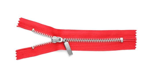 Photo of Red zipper isolated on white, top view