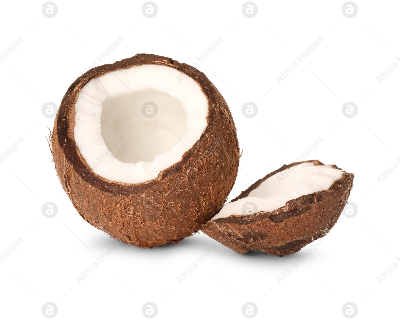 Photo of Fresh ripe coconut pieces on white background