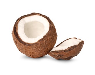 Photo of Fresh ripe coconut pieces on white background