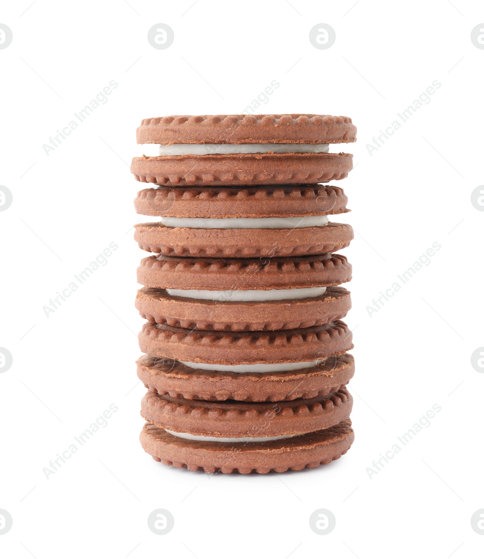 Photo of Stack of tasty chocolate sandwich cookies with cream isolated on white