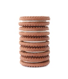 Stack of tasty chocolate sandwich cookies with cream isolated on white