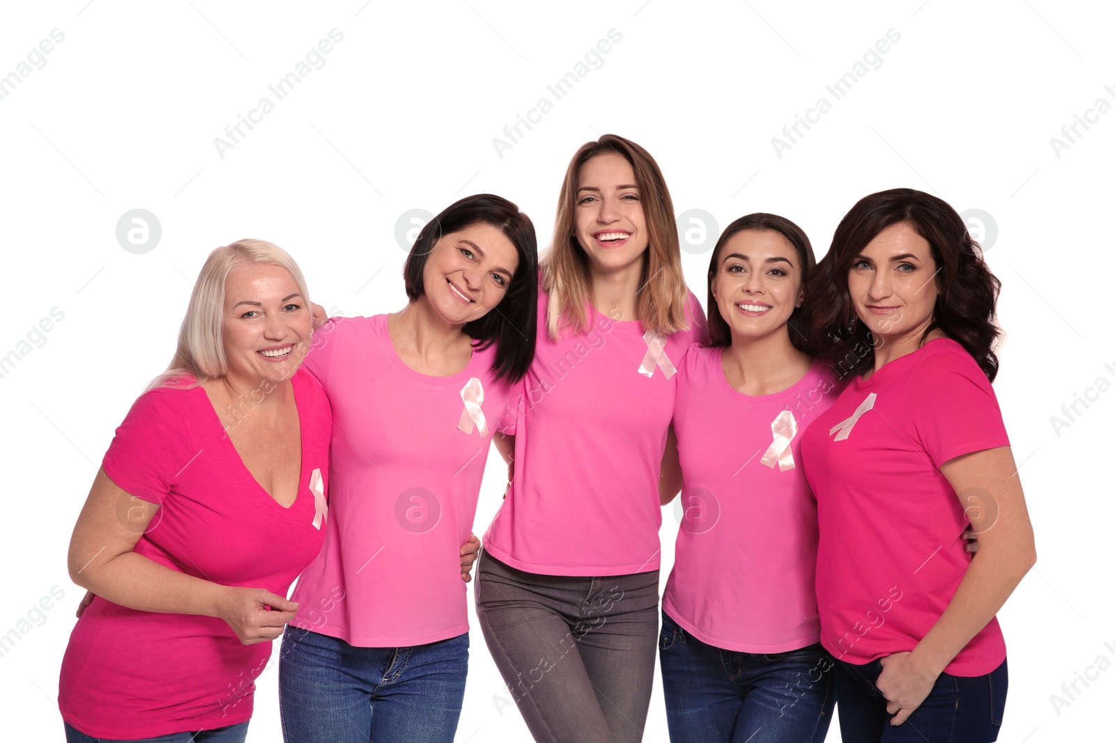 Photo of Group of women with silk ribbons on white background. Breast cancer awareness concept