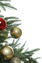 Photo of Beautifully decorated Christmas tree on white background, closeup